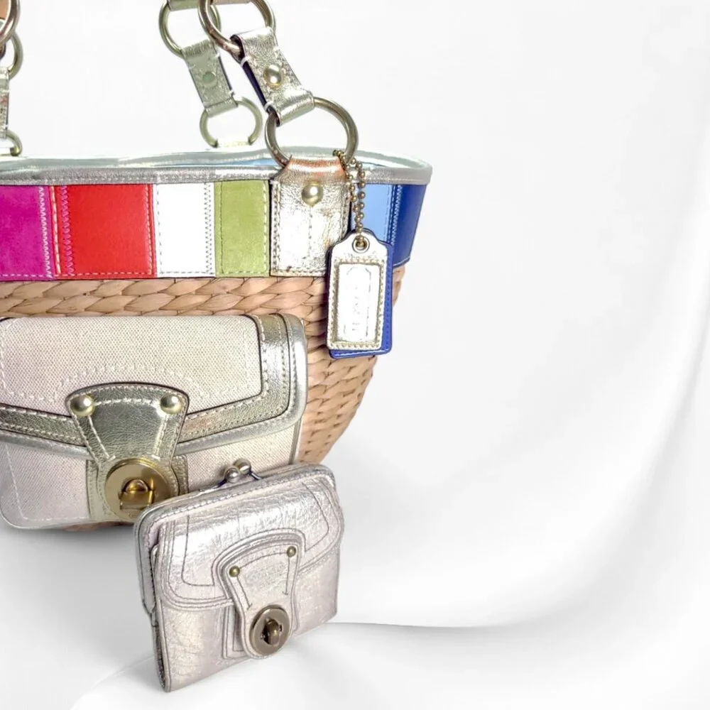 Vintage COACH Legacy Multicolor Straw Basket and gold Turnlock Wallet Set - Picture 3 of 14